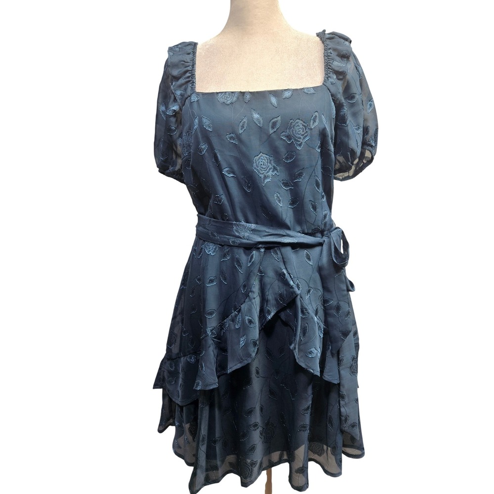 Trixxi Blue Floral Burnout Ruffle Mini Dress Square Neck Puff Sleeve NWT Size M